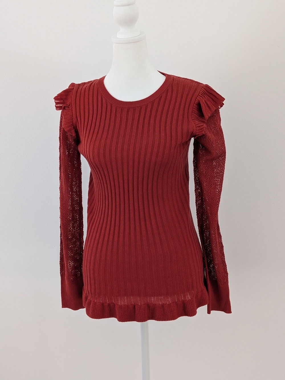 Laura Ashley Sweater Women M Rust Red Ribbed Long-Sleeve Crewneck Ruffle Top